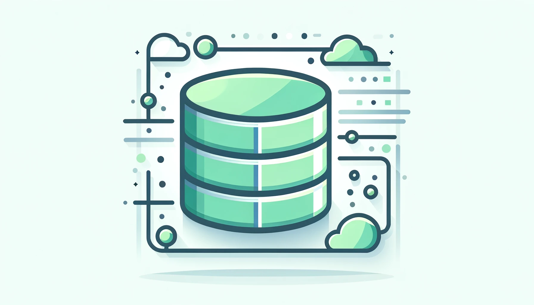 Minimalist flat design illustrating the PostgreSQL database. A large green square with a subtle database icon symbolizes PostgreSQL. Thin, flowing silver lines or simple geometric shapes surround the square, suggesting data flow or database structure.